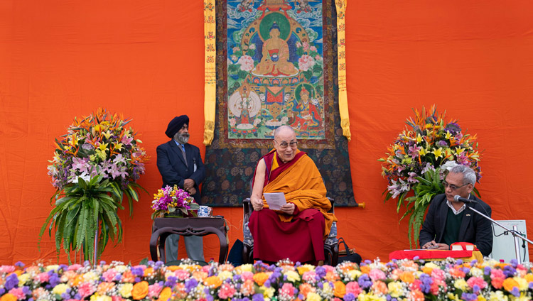 His Holiness the Dalak Lama giving a short teaching on ‘Eight Verses for Training the Mind’ during his talk at Tushita Delhi’s 40th Anniversary celebration held at St. Columba's School in New Delhi, India on November 20, 2019. Photo by Tenzin Choejor