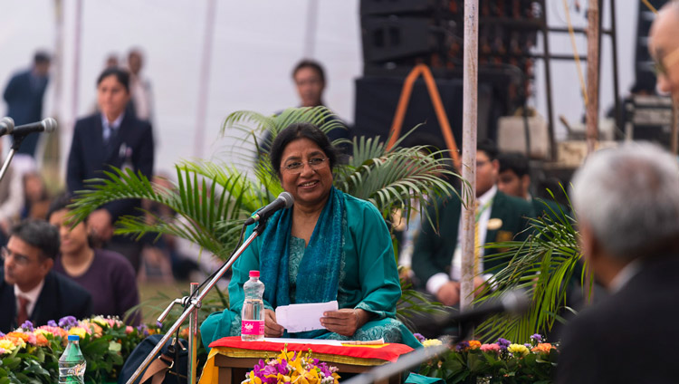 His Holiness the Dalai Lama answering questions from the audience read out by Renuka Singh during his talk at St. Columba's School in New Delhi, India on November 20, 2019. Photo by Tenzin Choejor