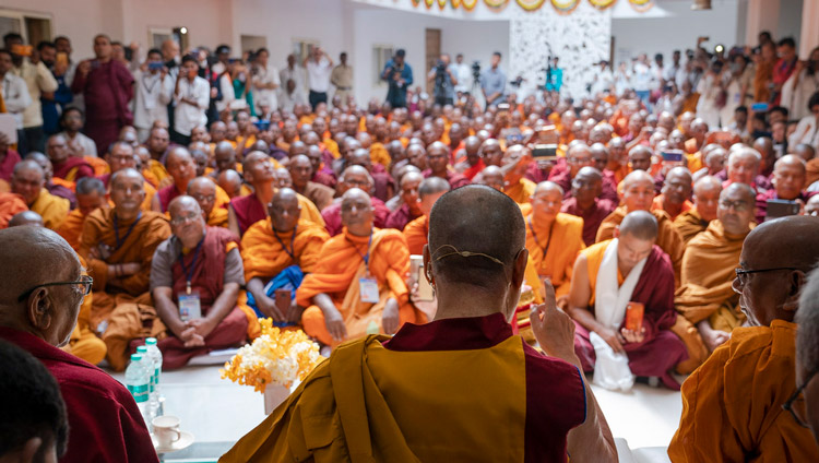 His Holiness the Dalai Lama speaking to more than 150 Bhikkus and guests at the Lokuttara International Bhikku Training Center in Aurangabad, Maharashtra, India on November 23, 2019. Photo by Tenzin Choejor