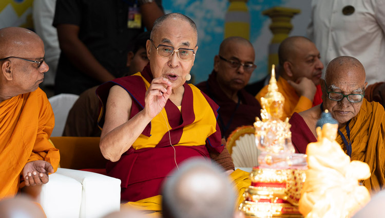 His Holiness the Dalai Lama speaking at the Lokuttara International Bhikku Training Center in Aurangabad, Maharashtra, India on November 23, 2019. Photo by Tenzin Choejor