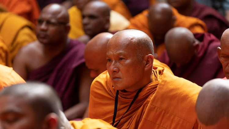 Bhikkus in the audience listening to His Holiness the Dalai Lama speaking at the Lokuttara International Bhikku Training Center in Aurangabad, Maharashtra, India on November 23, 2019. Photo by Tenzin Choejor