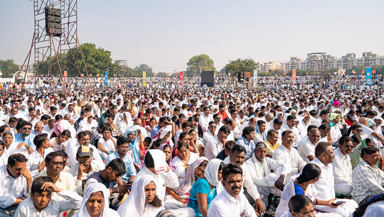 Some of the more than 50,000 people listening to His Holiness the Dalai Lama at the stadium of PES College of Physical Education in Aurangabad, Maharashtra, India on November 24, 2019. Photo by Tenzin Choejor