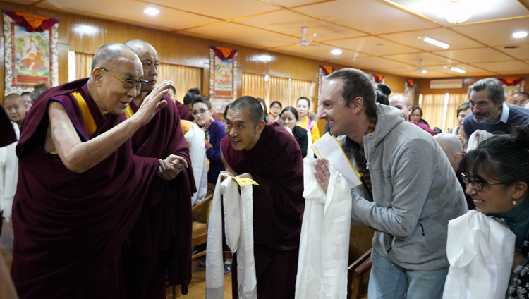 His Holiness the Dalai Lama arriving at the audience hall for his meeting with Tibetan Studies' students at his residence in Dharamsala, HP, India on December 2, 2019. Photo by Ven Tenzin Jamphel His Holiness the Dalai Lama arriving at the audience hall for his meeting with Tibetan Studies' students at his residence in Dharamsala, HP, India on December 2, 2019. Photo by Ven Tenzin Jamphel