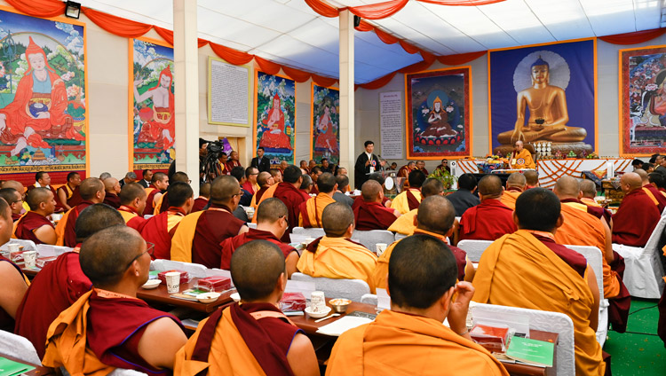 President of the Central Tibetan Administration Dr Lobsang Sangay speaking at the inauguration of the Symposium on Monastic Education to mark the 25th anniversary of Kirti Jepa Dratsang in Dharamsala, HP, India on December 7, 2019. Photo by Manuel Bauer