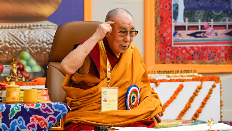 His Holiness the Dalai Lama speaking at the inauguration of the Symposium on Monastic Education to mark the 25th anniversary of Kirti Jepa Dratsang in Dharamsala, HP, India on December 7, 2019. Photo by Manuel Bauer