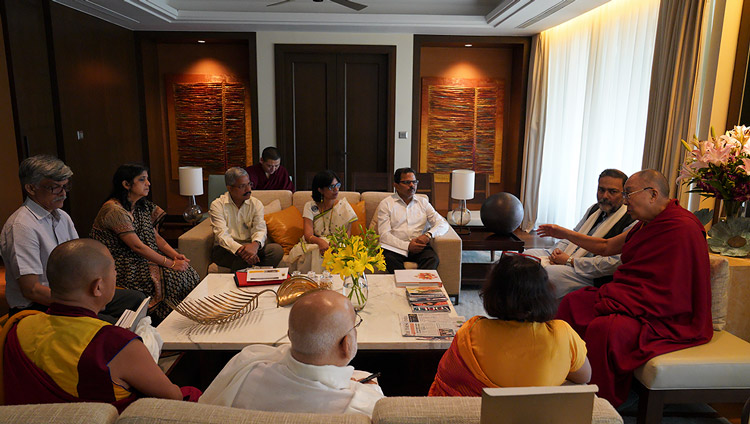 His Holiness the Dalai Lama discussing the new Dalai Lama Chair for Nalanda Studies during a meeting at his hotel in Goa, India on December 11, 2019. Photo by Lobsang Tsering