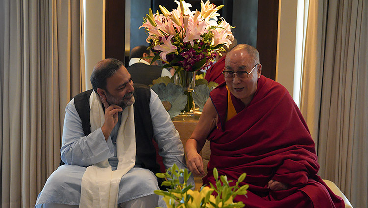 His Holiness the Dalai Lama with Vice-Chancellor of Goa University, Varun Sahni, during their discussion of the new Dalai Lama Chair for Nalanda Studies during a meeting at his hotel in Goa, India on December 11, 2019. Photo by Lobsang Tsering