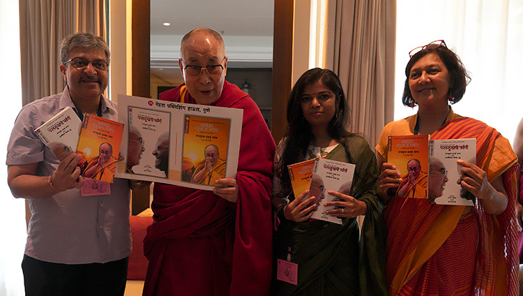 His Holiness the Dalai Lama releasing a Marathi language translation of his book with Archbishop Desmond Tutu "Book of Joy" in Goa, India on December 11, 2019. Photo by Lobsang Tsering