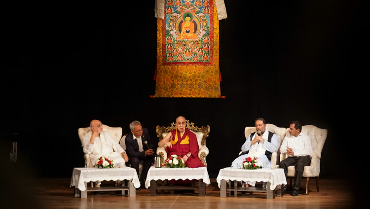 His Holiness the Dalai Lama speaking on "The Relevance of the Ancient Nalanda Tradition in Modern Times" at Kala Academy in Goa, India on December 11, 2019. Photo by Lobsang Tsering