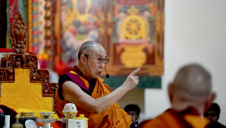 His Holiness the Dalai Lama speaking at the welcoming ceremony on his arrival at Drepung Lachi in Mundgod, Karnataka, India on December 12, 2019. Photo by Lobsang Tsering