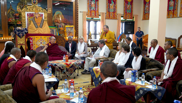 Telo Rinpoche introducingh the discussion with His Holiness the Dalai Lama and participant in a Russian research program at his residence at Drepung Gomang Monastery in Mundgod, Karnataka, India on December 13, 2019. Photo by Lobsang Tsering