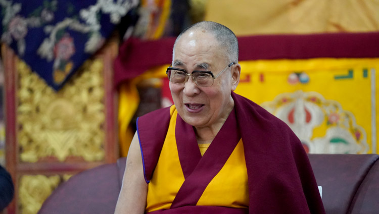 His Holiness the Dalai Lama speaking to members of a Russian research program at his residence at Drepung Gomang Monastery in Mundgod, Karnataka, India on December 13, 2019. Photo by Lobsang Tsering