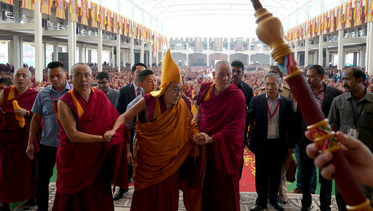 His Holiness the Dalai Lama arriving at Drepung Gomang Monastery's new debate yard in Mundgod, Karnataka, India on December 14, 2019. Photo by Lobsang Tsering