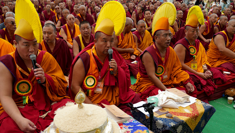 The Chant-Master leading auspicious prayers at the start of the inauguration of the new debate yard at Drepung Gomang Monastery in Mundgod, Karnataka, India on December 14, 2019. Photo by Lobsang Tsering