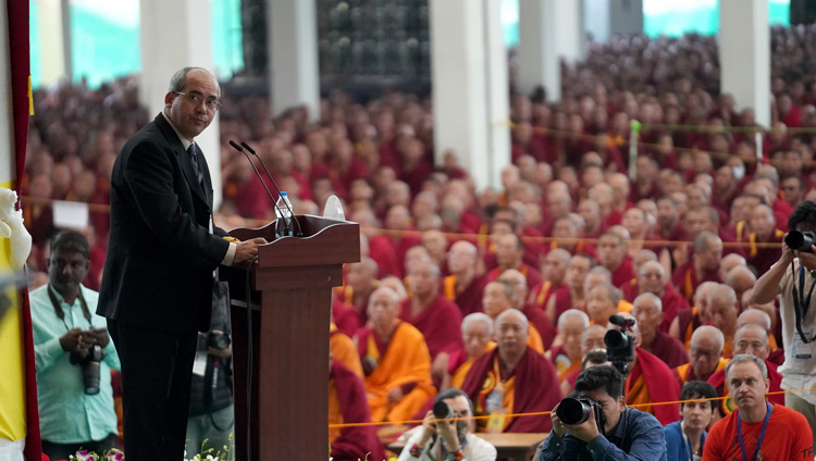 Director Dr Lobsang Tenzin Negi, speaking during a short ceremony to mark the completion of a six-year implementation phase of the Emory Tibet Science Initiative (ETSI) at the new Drepung Gomang Monastery debate yard in Mundgod, Karnataka, India on December 14, 2019. Photo by Lobsang Tsering