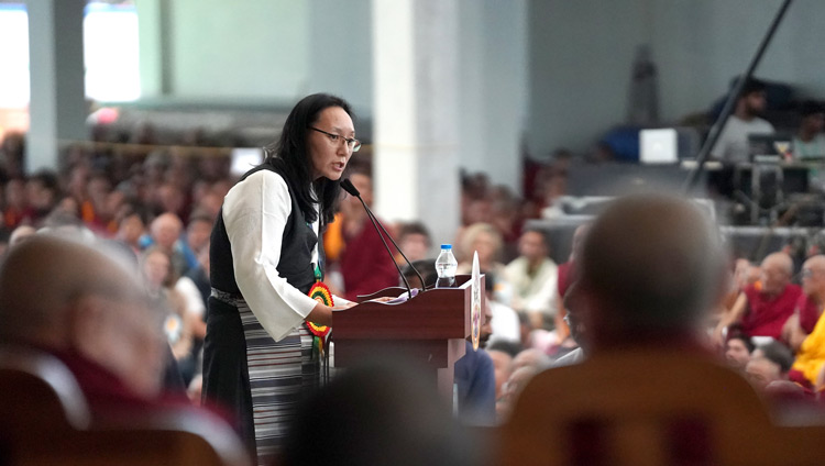 Asst DirectorDr Tsetan Dolkar speaking about the training for monks during a short ceremony to mark the completion of a six-year implementation phase of the Emory Tibet Science Initiative (ETSI) at the new Drepung Gomang Monastery debate yard in Mundgod, Karnataka, India on December 14, 2019. Photo by Lobsang Tsering