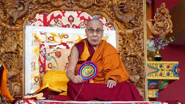 His Holiness the Dalai Lama speaking at the ceremony to mark the completion of a six-year implementation phase of the Emory Tibet Science Initiative (ETSI) at the new Drepung Gomang Monastery debate yard in Mundgod, Karnataka, India on December 14, 2019. Photo by Lobsang Tsering