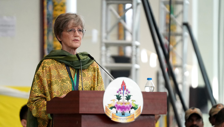 ETSI Neuroscience Faculty Leader Dr Carol Worthman speaking during a short ceremony to mark the completion of a six-year implementation phase of the Emory Tibet Science Initiative (ETSI) at the new Drepung Gomang Monastery debate yard in Mundgod, Karnataka, India on December 14, 2019. Photo by Lobsang Tsering