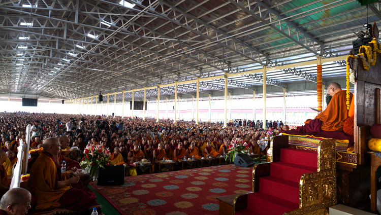 His Holiness the Dalai Lama performing preparatory procedures for the Long Life Empowerment Associated with Je Rinpoche at the Drepung Loseling debate yard in Mundgod, Karnataka, India on December 16, 2019. Photo by Lobsang Tsering