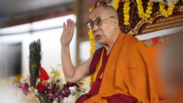 His Holiness the Dalai Lama addressing the congregation before giving the Long Life Empowerment Associated with Je Rinpoche at the Drepung Loseling debate yard in Mundgod, Karnataka, India on December 16, 2019. Photo by Lobsang Tsering
