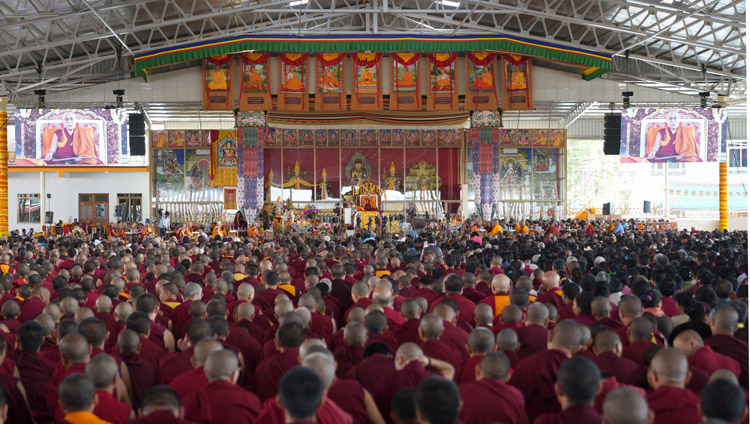 A view of the stage at the Drepung Loseling debate yard as His Holiness the Dalai Lama addresses the crowd in Mundgod, Karnataka, India on December 16, 2019. Photo by Lobsang Tsering