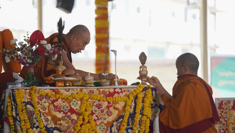 His Holiness the Dalai Lama giving the the Long Life Empowerment Associated with Je Rinpoche at the Drepung Loseling debate courtyard in Mundgod, Karnataka, India on December 16, 2019. Photo by Lobsang Tsering