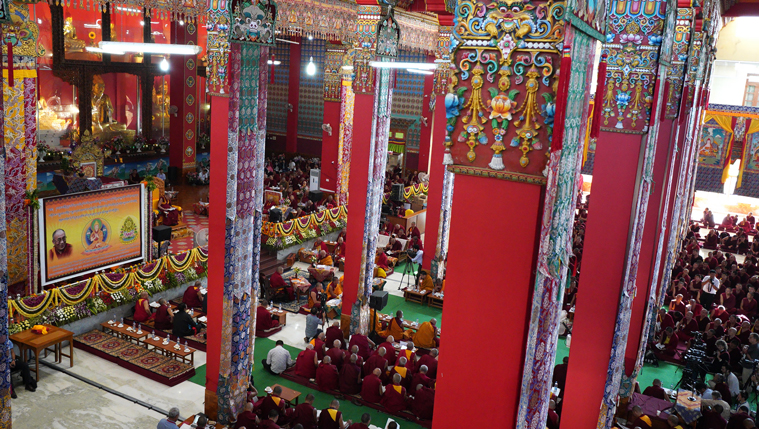 A view of the Drepung Loseling Assembly Hall during the Symposium on Aryadeva’s ‘400 Verses on the Middle Way’ in Mundgod, Karnataka, India on December 17, 2019. Photo by Lobsang Tsering