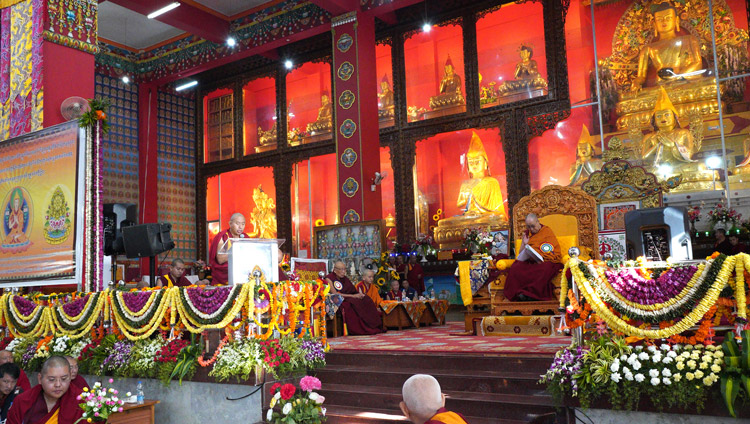 The Abbot of Drepung Loseling, Ven Lobsang Samten, speaking at the Symposium on Aryadeva’s ‘400 Verses on the Middle Way’ at the Drepung Loseling Assembly Hall in Mundgod, Karnataka, India on December 17, 2019. Photo by Lobsang Tsering