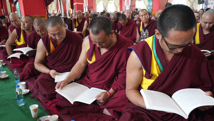 Members of the audience following the presentations during the Symposium on Aryadeva’s ‘400 Verses on the Middle Way’ at the Drepung Loseling Assembly Hall in Mundgod, Karnataka, India on December 17, 2019. Photo by Lobsang Tsering