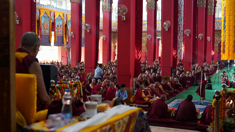 His Holiness the Dalai Lama watching student monks debating Buddhist philosophy at Drepung Loseling Assembly Hall in Mundgod, Karnataka, India on December 18, 2019. Photo by Lobsang Tsering