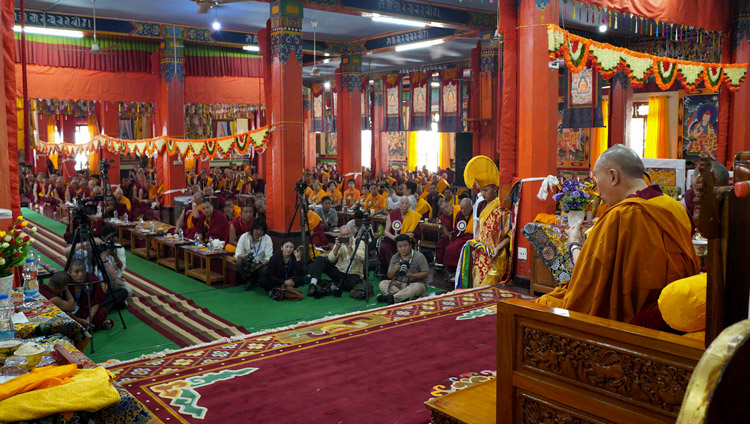 His Holiness the Dalai Lama addressing the congregation during the welcome ceremony at Gaden Shartse Monastery in Mundgod, Karnataka, India on December 18, 2019. Photo by Lobsang Tsering