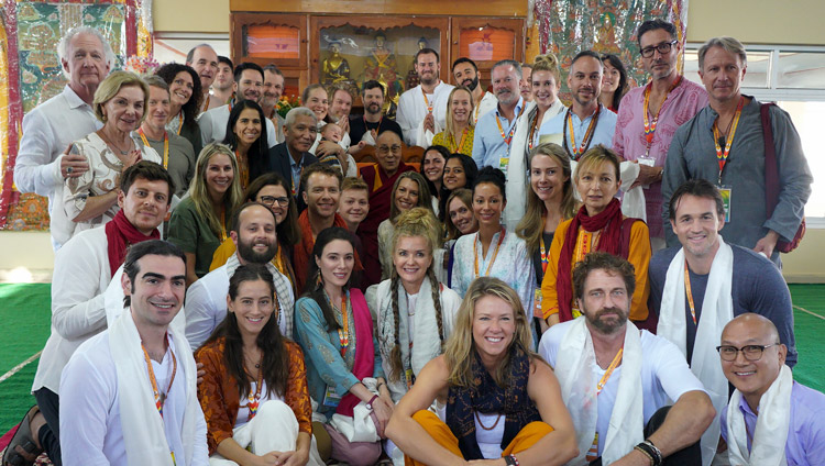 His Holiness the Dalai Lama with patrons and supporters of the international conference on ‘Jé Tsongkhapa, Life and Legacy’ after their meeting at Gaden Shartse Monastery in Mundgod, Karnataka, India on December 19, 2019. Photo by Lobsang Tsering