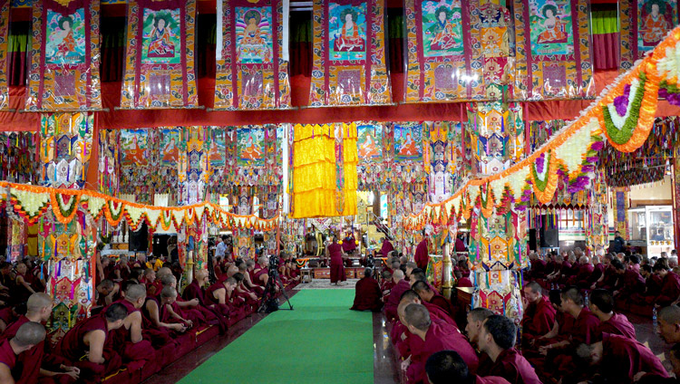 A view of the Gaden Shartse Assembly Hall during the debate session attended by His Holiness the Dalai Lama in Mundgod Karnataka, India on December 19, 2019. Photo by Lobsang Tsering