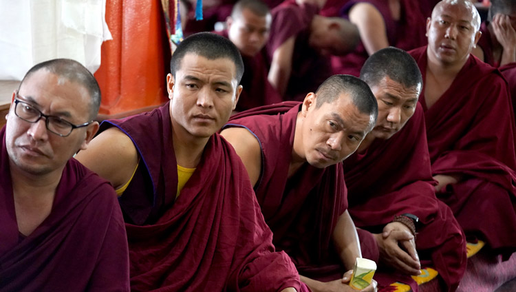 Monks attending the debate session listening to His Holiness the Dalai Lama at Gaden Shartse Assembly Hall in Mundgod Karnataka, India on December 19, 2019. Photo by Lobsang Tsering