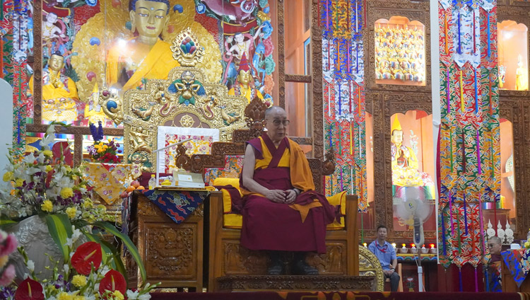 His Holiness the Dalai Lama speaking at the inaugural session of the International Conference on Jé Tsongkhapa at Gaden Lachi Assembly Hall in Mundgod, Karnataka, India on December 20, 2019. Photo by Jeremy Russell