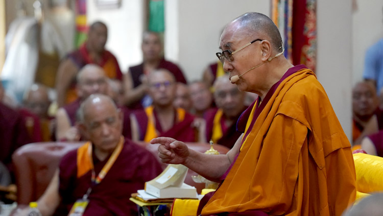 His Holiness the Dalai Lama delivering the keynote address at the inaugural session of the International Conference on Jé Tsongkhapa at Gaden Lachi Assembly Hall in Mundgod, Karnataka, India on December 20, 2019. Photo by Lobsang Tsering