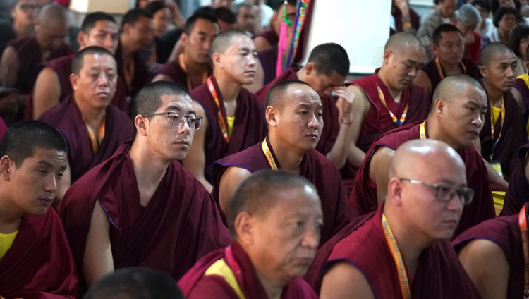 Members of the audience listening to His Holiness the Dalai Lama speaking at the International Conference on Jé Tsongkhapa at Gaden Lachi Assembly Hall in Mundgod, Karnataka, India on December 20, 2019. Photo by Lobsang Tsering