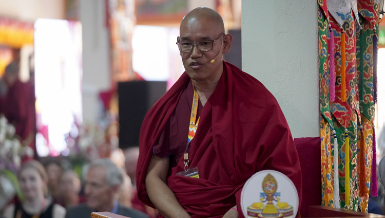 Moderator Khensur Jangchub Choeden introducing the next Prof Donald Lopez during the inaugural session of the International Conference on Jé Tsongkhapa at Gaden Lachi Assembly Hall in Mundgod, Karnataka, India on December 20, 2019. Photo by Lobsang Tsering