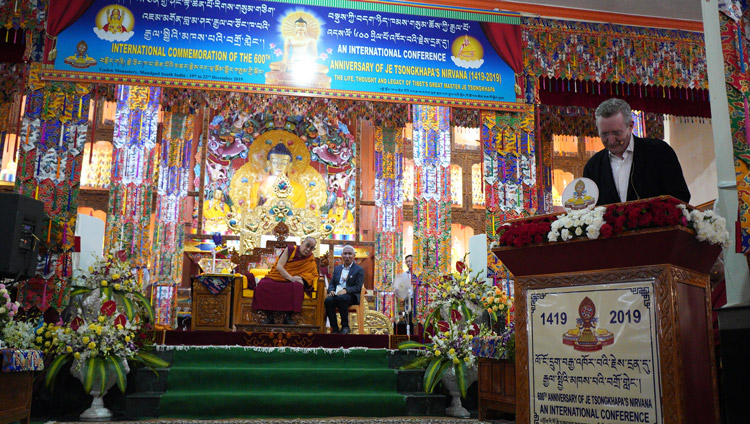 Prof Donald Lopez delivering his presentation at the International Conference on Jé Tsongkhapa at Gaden Lachi Assembly Hall in Mundgod, Karnataka, India on December 20, 2019. Photo by Lobsang Tsering