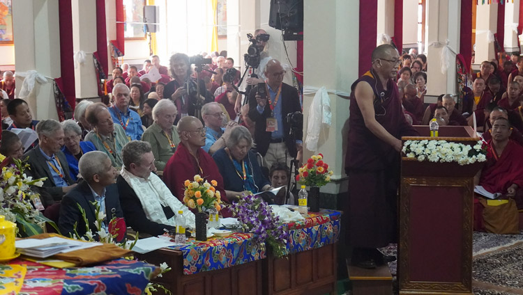 Geshe Yaman Rinchen speaking at the International Conference on Jé Tsongkhapa at Gaden Lachi Assembly Hall in Mundgod, Karnataka, India on December 20, 2019. Photo byJeremy Russell