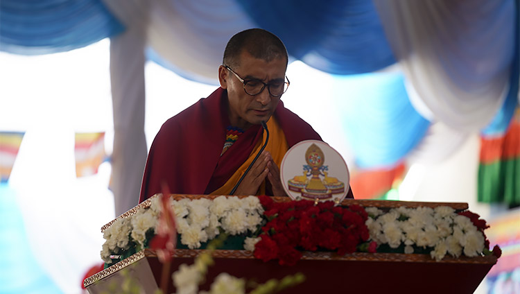 Abbot of Ganden Shartsé Ven Jangchub Sangyé giving an account of Tsongkhapa's life during the celebration of the 600th anniversary of Jé Tsongkhapa's passing away and enlightenment at Ganden Lachi in Mundgod, Karnataka, India on December 21, 2019. Photo by Lobsang Tsering