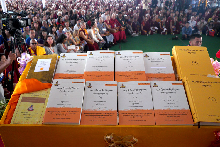 Books released by His Holiness the Dalai Lama during the celebration of Ganden Ngamchö at the Ganden Lachi courtyard in Mundgod, Karnataka, India on December 21, 2019. Photo by Lobsang Tsering