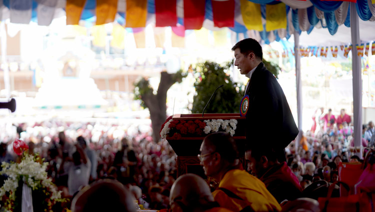 Sikyong Dr Lobsang Sangay speaking at the celebration of the 600th anniversary of Jé Tsongkhapa's passing away and enlightenment at Ganden Lachi in Mundgod, Karnataka, India on December 21, 2019. Photo by Lobsang Tsering
