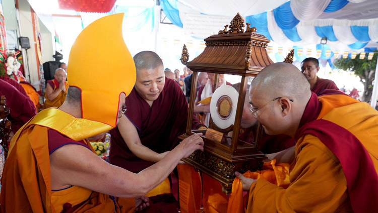 His Holiness the Dalai Lama being presented the Jé Tsongkhapa gratitude award during celebrations to mark the 600th anniversary of Jé Tsongkhapa's passing away and enlightenment at Ganden Lachi in Mundgod, Karnataka, India on December 21, 2019. Photo by Lobsang Tsering