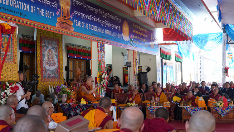 His Holiness the Dalai Lama addressing the crowd during the celebration of the 600th anniversary of Jé Tsongkhapa's passing away and enlightenment at Ganden Lachi in Mundgod, Karnataka, India on December 21, 2019. Photo by Lobsang Tsering