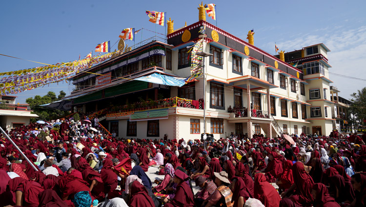 Some of the crowd of more than 10,000 gathered around Ganden Lachi and Ganden Shartsé Assembly Halls listening to His Holiness the Dalai Lama speaking during the celebration of Ganden Ngamchö in Mundgod, Karnataka, India on December 21, 2019. Photo by Lobsang Tsering