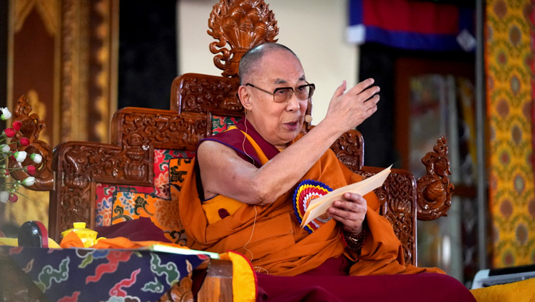 His Holiness the Dalai Lama giving a short teaching during the celebration of the 600th anniversary of Jé Tsongkhapa's passing away and enlightenment at Ganden Lachi in Mundgod, Karnataka, India on December 21, 2019. Photo by Lobsang Tsering