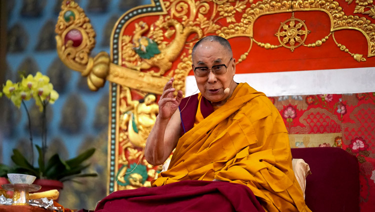 His Holiness the Dalai Lama addressing the gathering at the start of the Long Life Offering at Gaden Jangtse Monastery in Mundgod, Karnataka, India on December 22, 2019. Photo by Lobsang Tsering