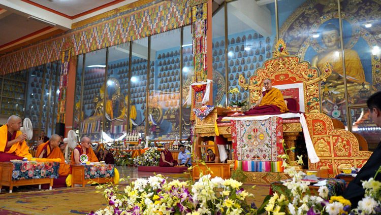 His Holiness the Dalai Lama speaking during the Long Life Offering at Gaden Jangtse Monastery in Mundgod, Karnataka, India on December 22, 2019. Photo by Lobsang Tsering