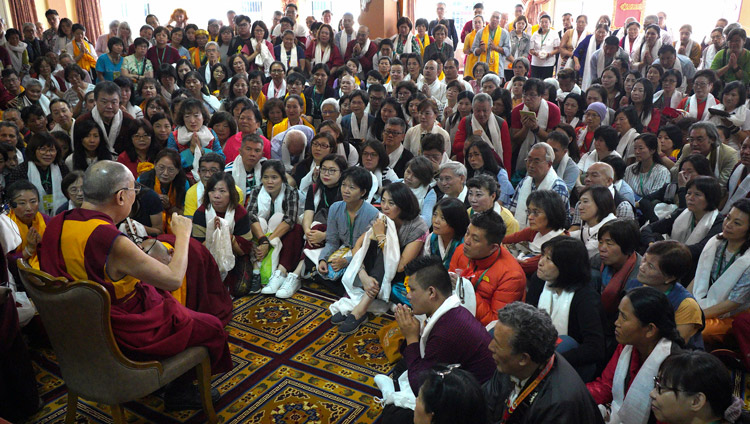 His Holiness the Dalai Lama speaking to friends and supporters of Ganden Jangtsé Monastery before attending the debate session at the monastery's assembly hall in Mundgod, Karnataka, India on December 23, 2019. Photo by Lobsang Tsering